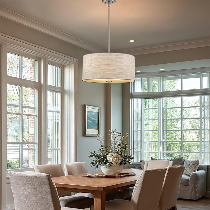 Kira Home Pearl 18" Modern 3-Light Large Drum Pendant Chandelier, White Textured Shade + Glass Diffuser, Adjustable Height, LED Compatible, Brushed Nickel Finish
