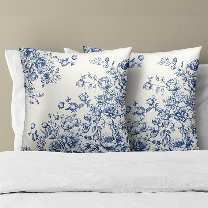 Chinoiserie Floral Throw Pillow Covers 16x16 Inch Set of 2 Vintage Blue White Flowers Botanical Square Pillowcases Cushion Cover for Living Room Couch Bed Sofa Chair Decor