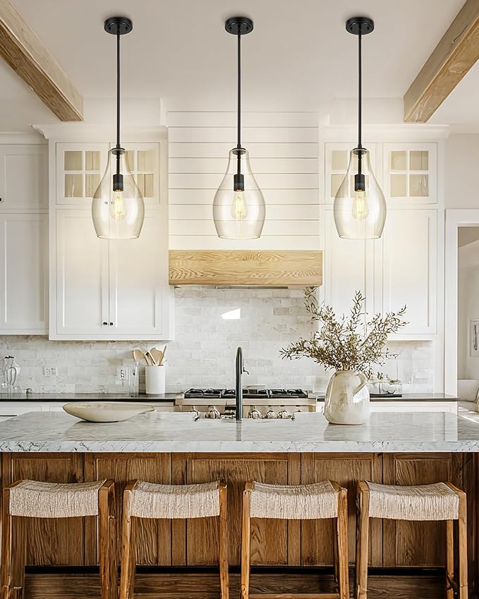 2-Pack Pendant Lights Kitchen Island, 8" Black Hanging Light Fixtures with Clear Glass Shade, Modern Lagre Kitchen Pendant Lighting Over Island for Dining Room, AD-25045-2PB-BK