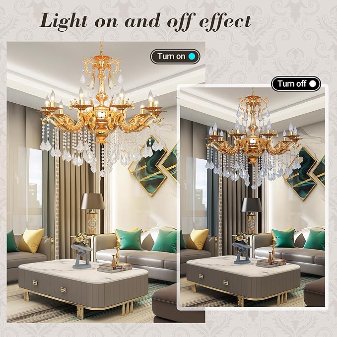 Luxury Gold Crystal Chandelier, 32" Vintage K9 Crystal Pendant Light with 10 Lights, Antique Brass Finish Ceiling Light Fixture with Scrolled Arms for Dining Room Living Room Foyer Villa Hotel