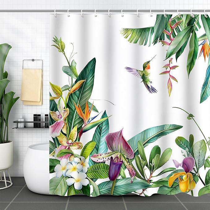 Summer Hummingbird Shower Curtain Tropical Leaves Floral Bird Green Shower Curtains for Bathroom Waterproof Polyester Fabric Bath Curtain 72 x 72 Inch with 12 Hooks