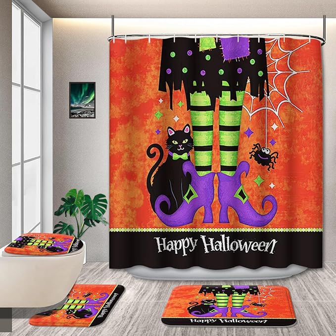 Halloween Bathroom Decor Set with Shower Curtain and Rugs, 4-Piece Witch Legs and Cat Design, Waterproof Polyester Curtain with Non-Slip Mats, Spooky Bath Set for Halloween Party