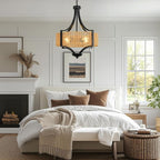 4-Light Rattan Chandelier Light Fixture, 18” Black Metal and Hand-Woven Wicker Shade, Semi-Flush Mount Boho Farmhouse Pendant Lighting for Dining Room, Living Room, Kitchen Island, Bedroom