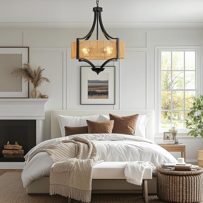 4-Light Rattan Chandelier Light Fixture, 18” Black Metal and Hand-Woven Wicker Shade, Semi-Flush Mount Boho Farmhouse Pendant Lighting for Dining Room, Living Room, Kitchen Island, Bedroom