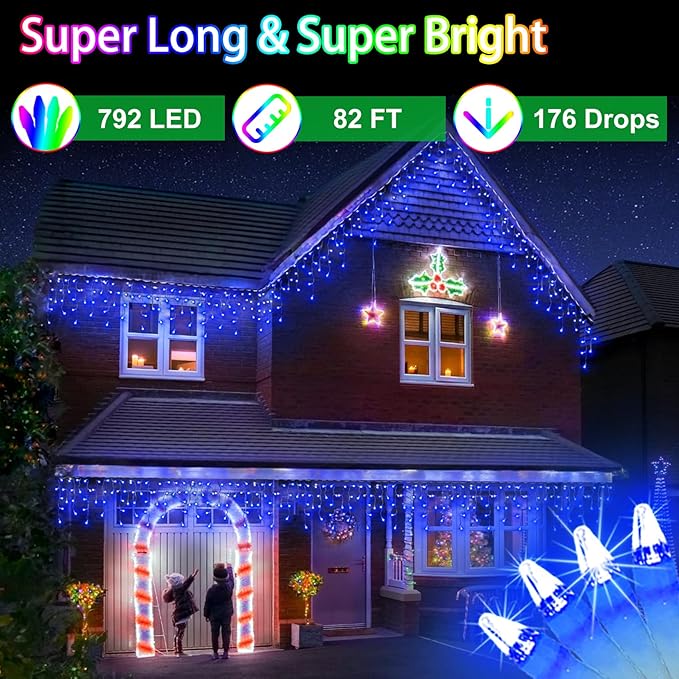 82ft 792 LED 176 Drops Christmas Lights, Outdoor Hanging lights with 8 Modes and Timer Memory, Plug In Outside Waterproof Curtain String Lights for House Fence Tree Holiday Party Decorations (Blue)