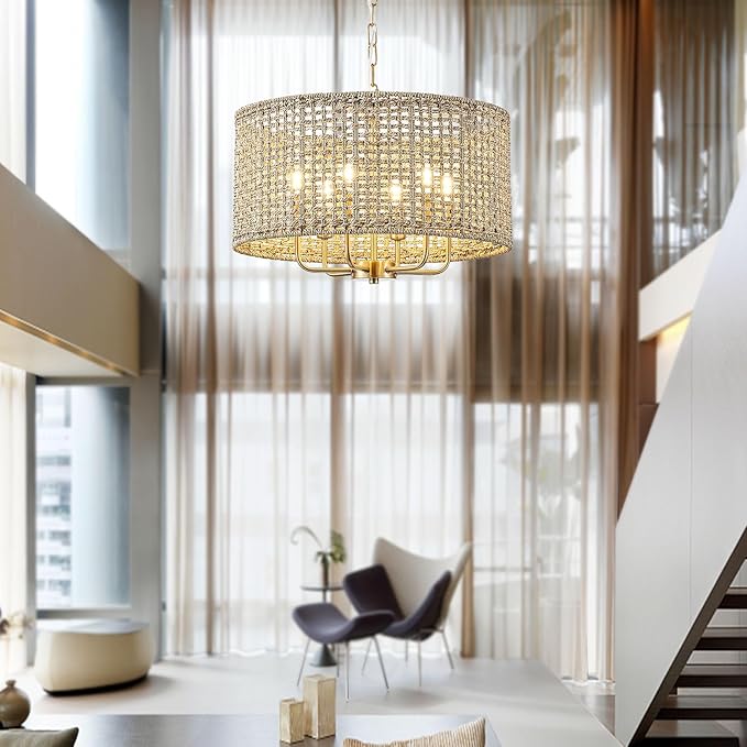 20" Rattan Hand-Woven Boho Chandelier for Dining Room, 6-Light Rattan Drum Wicker Farmhouse Large Vintage Chandelier Pendant Light Fixture for Kitchen Island Entryway(Gold)