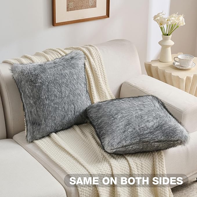 FUTEI Grey Decorative Throw Pillow Covers 18x18 Inch Set of 2,Soft Faux Raccoon Fur Textured Cushion Case,Modern Home Luxurious Decor for Couch Bed Living Room