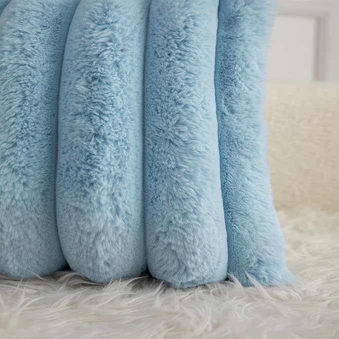 Neelvin Blue Faux Fur Cozy Soft Striped Decorative Throw Pillow Covers 22x22 inch Set of 2,Velvet Pillowcase Cushion Case for Sofa Couch
