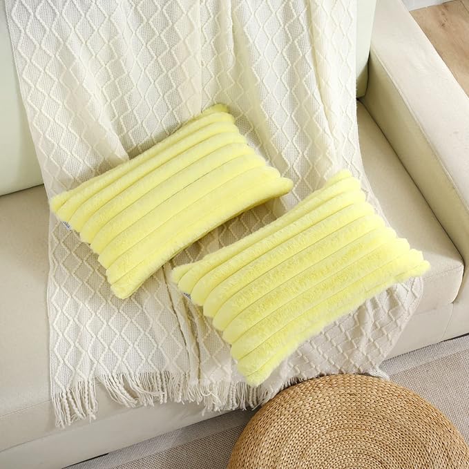 FUTEI Yellow Striped Decorative Throw Pillow Covers 12x20 Inch Set of 2,Rectangle Winter Decorations Couch Lumbar Pillowcase,Soft Cozy Faux Rabbit Fur & Velvet Back,Modern Home Decor for Bed