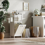 HITNET Bamboo Tilt Out Hamper, Bathroom Laundry Cabinet with Hidden Foldable Basket, Freestanding Clothes Storage Organizer with Storage Shelf, White