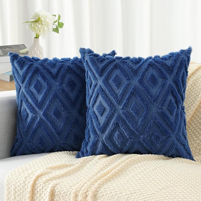 Pallene Navy Blue Throw Pillow Covers 22x22 Set of 2, Soft Plush Faux Fur Decorative Couch Pillow Covers for Sofa Bed Living Room Pillow Cases with 3D Diamond Pattern