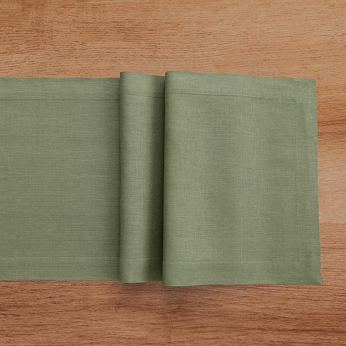 Solino Home Linen Oil Green Table Runner 120 Inches Long - 100% Pure Linen 14 x 120 Inch Table Runner for Fall, Autumn, Thanksgiving - Fete