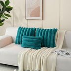 FUTEI Teal Decorative Throw Pillow Covers 16x16 Inch Set of 2, Square Soft Faux Rabbit Fur Big Striped Cushion Cover,Home Decor for Couch Sofa Bed Living Room