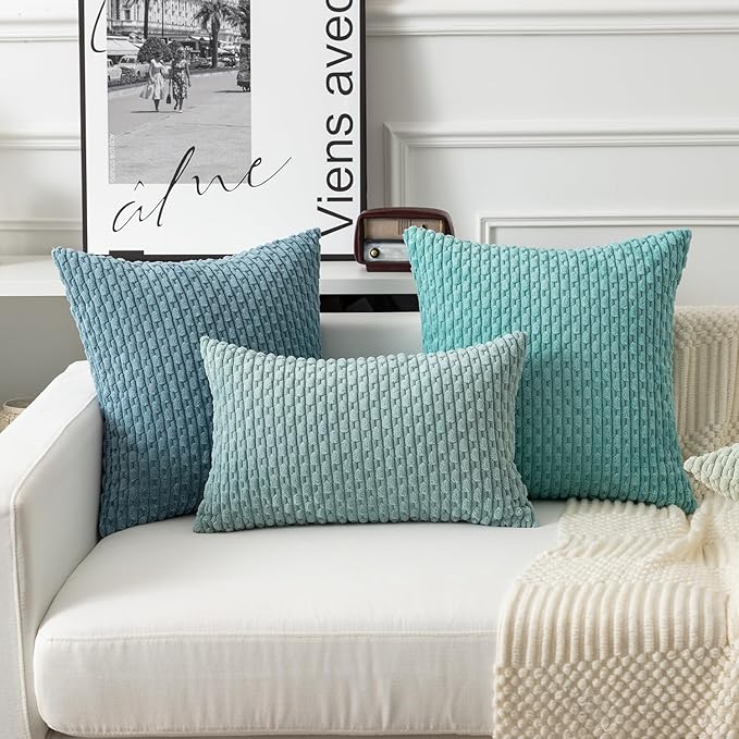 Kevin Textile Throw Pillow Covers Soft Corduroy Decorative Set of 2 Boho Striped Pillow Covers Pillowcases Farmhouse Home Decor for Couch Bed Sofa Living Room 20x20 Inch Aqua Green