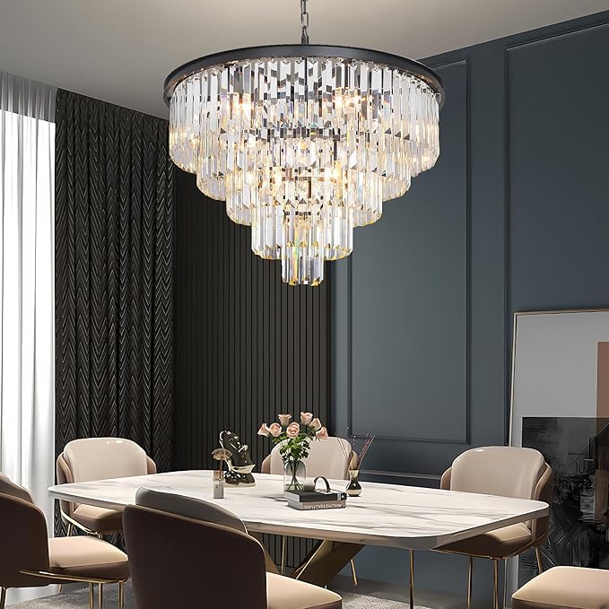 Black Crystal Chandeliers for Dining Room, 27.6" Modern Luxury Chandelier 5-Tier 10 Lights Contemporary Top K9 High Ceiling Pendant Light Fixture for Staircase Dining Living Room Foyer