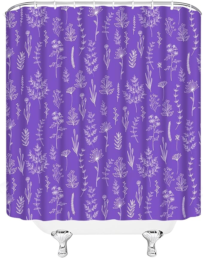 Purple Herbs Shower Curtain Boho Floral Lavender Retro Botanical Vintage Farmhouse Cute Leaves Plant Flowers Bathroom Curtain Set with Hooks(70" WX70 H)