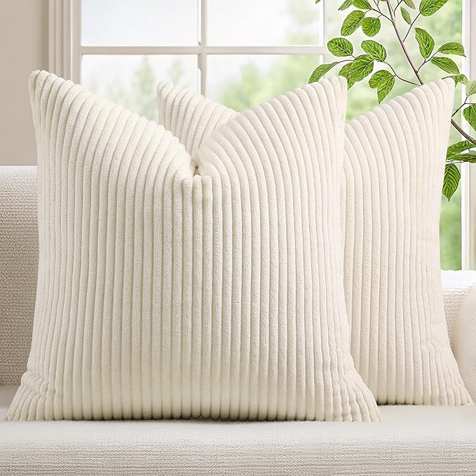 Mecatny Corduroy Decorative Christmas Throw Pillow Covers 18x18 Set of 2 for Sofa Living Room, Soft Neutral Boho Couch Pillow Covers for Home Decor, Cream White