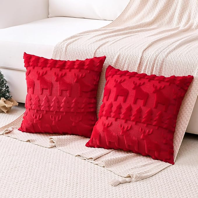 OTOSTAR Set of 2 Xmas Soft Plush Short Wool Velvet Decorative Throw Pillow Covers Square Luxury Style Cushion Case Pillow Shell for Sofa Bedroom Christmas Tree and Elk Red, 18x18 Inch