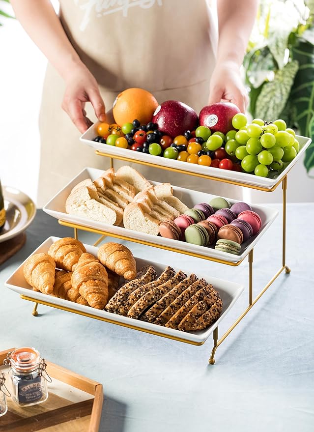 LYEOBOH 3 Tier Serving Stand and Platters Set Large Tiered Serving Platters with Collapsible Sturdier Rack 14 Inches Tiered Serving Tray for Appetizer Fruit, Dessert and Cupcake, White