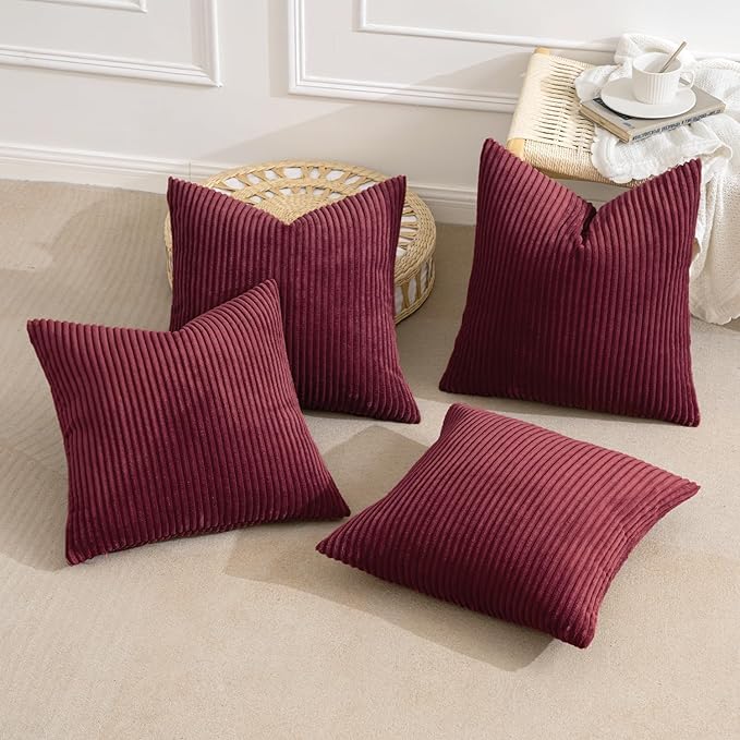 MIULEE Boho Farmhouse Throw Pillow Covers 16x16 Inch Set of 4 Mordern Nordic Cushion Covers Soft Corduroy Christmas Home Decor for Couch Bed Sofa Living Room Burgundy