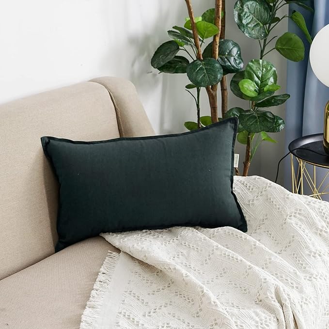 Jeanerlor Natural Cotton Linen Green Decorative 12"x20" Throw Pillow Case Cushion Cover with Twin Needles Stitch on Edge for Lumbar, (30 x 50cm), 2 Pcs, Dark Green