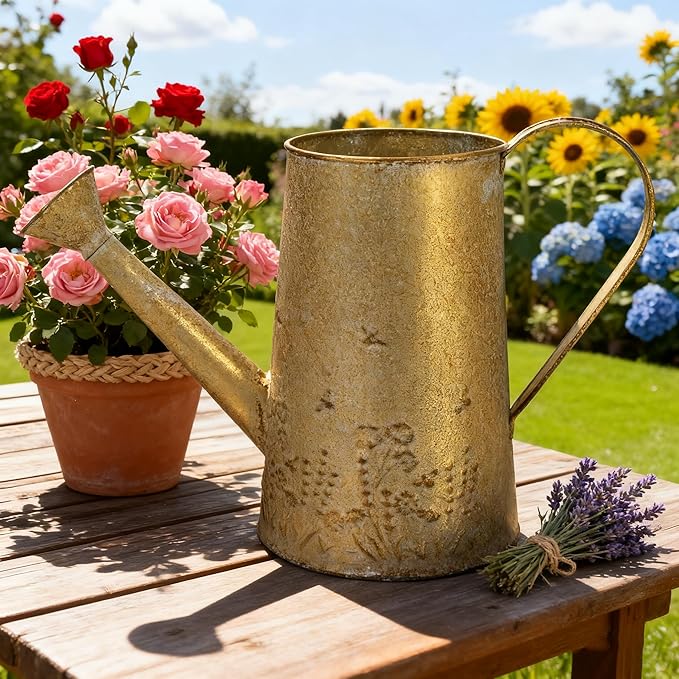 Vintage Metal Watering Can with Handle Rustic Farmhouse Watering Can Flower Pot Distressed Decorative Planter Retro Gardening Flower Bucket for Home Indoor Outdoor Garden Balcony Courtyard (White#4)