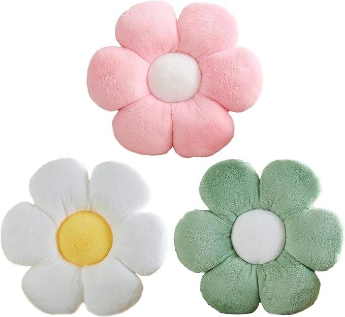 3 PCS Flower Pillows Flower Shaped Throw Pillow Cute Daisy Pillows Seating Cushions for Adults Kids Home Bedroom Sofa Chair Couch Decor (White/Pink/Green, 15.74 inch)