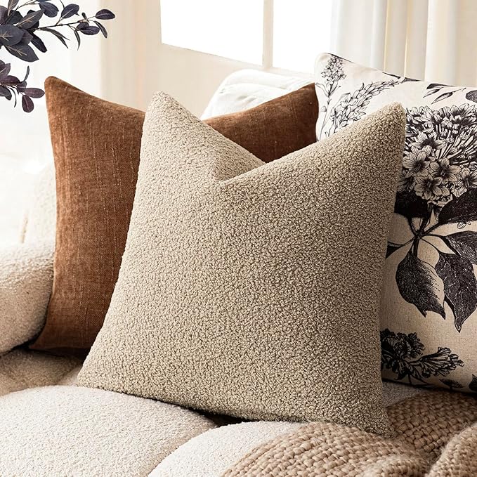 Foindtower Pack of 2, Curly Faux Fur Decorative Throw Pillow Covers Soft Fuzzy Plush Cushion Case with Zipper Cozy Pillowcase for Home Living Room Couch Bed Sofa 24 x 24 Inch,Taupe Khaki Camel