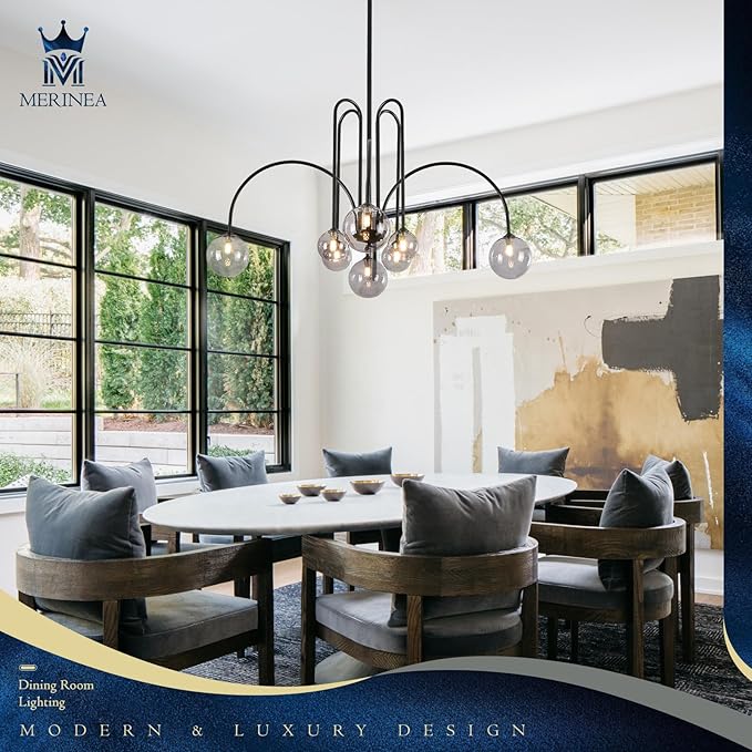 8 Lights Modern Sputnik Chandelier Large Luxury L41” Black Mid Century Smoke Glass Globe Ceiling Pendant Lighting Contemporary for Foyer Staircase Living Dining Room Kitchen