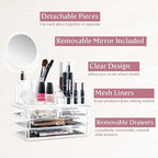 Masirs Clear Makeup Organizer with Mirror – 16-Compartment Cosmetic and Jewelry Holder, 4-Drawer Vanity Storage, Elegant Clear Design for Makeup and Accessories