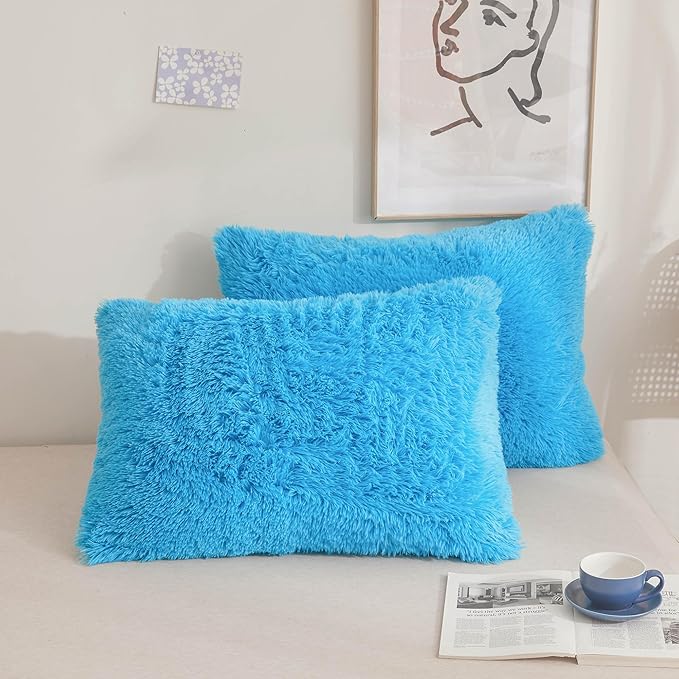 XeGe Faux Fur Fluffy Pillow Cases, Soft Plush Shaggy Furry Blue Pillowcases, Velvet Fuzzy Decorative Throw Pillow Covers for Bed Couch, Zipper Closure, Set of 2(Standard Size, Blue)