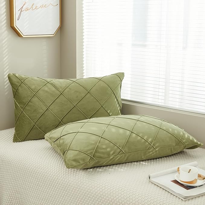 JAUXIO Diamond Pinch Pleated Crystal Velvet Pillowcases 2 Pack Solid Pintuck Throw Cushion Cover for Home Decor Hidden Zipper Closure (Sage, King)