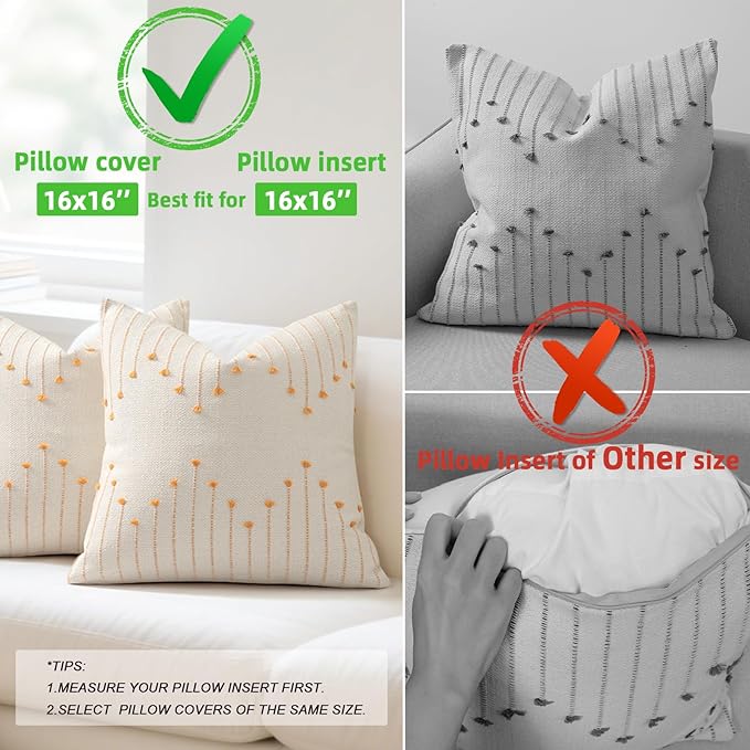 Boho Throw Pillow Covers 16x16 Set of 2 Neutral Woven Decorative Pillowcases Cotton Tufted Couch Pillows Modern Farmhouse Accent Cushion Covers for Sofa Couch Bed Living Room Home Decor, Golden Yellow