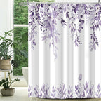 Eucalyptus Shower Curtain, Light Purple Watercolor Leaves with Floral Botanical Bathroom Decor, Waterproof Fabric Bath Curtain Set with Hooks, 72x72 Inches