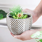 VanEnjoy 5.5 inch Large Round Bohemian Style Ceramic Planter, Geometry Engrave Off White Brown Succulent Planter Flower Pot, Indoor Outdoor Decorative Planter