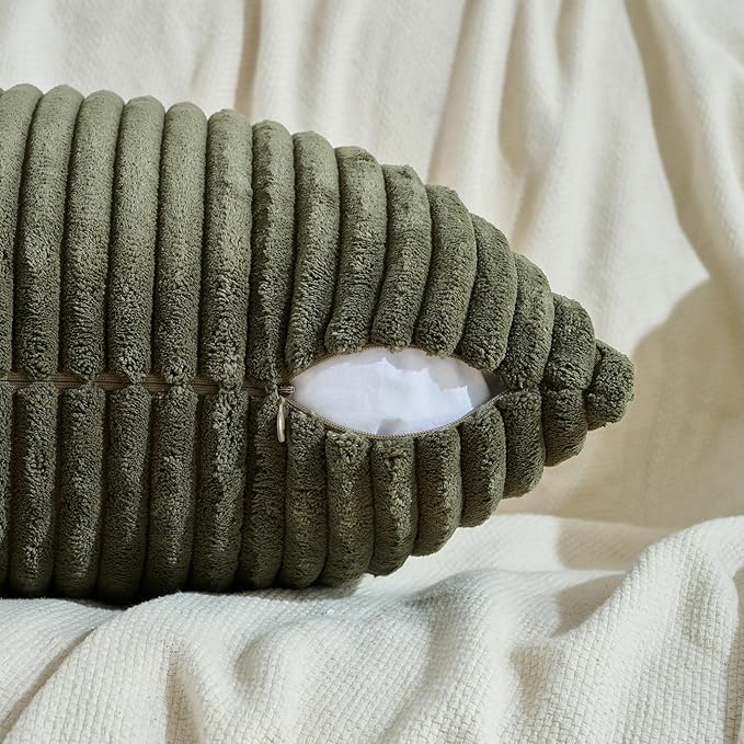 Fancy Homi Set of 2 Olive Green Decorative Throw Pillow Covers 16x16 Inch for Couch Bed Chair, Aesthetic Rustic Boho Room Decor, Soft Fuzzy Double Sided Thick Corduroy Cute Textured Cushion Case 40cm