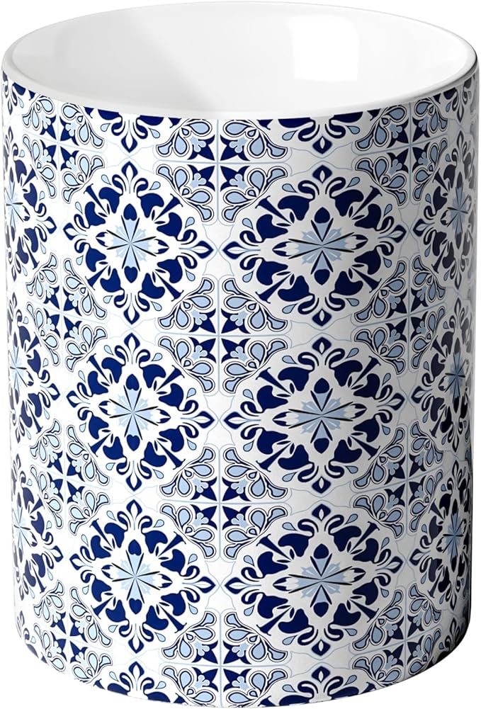 Ceramic Kitchen Utensil Holder for Countertop, Embossed Pattern Crock with Kiln-Fired Finish, Counter Organizer for Cooking Tools ,Blue