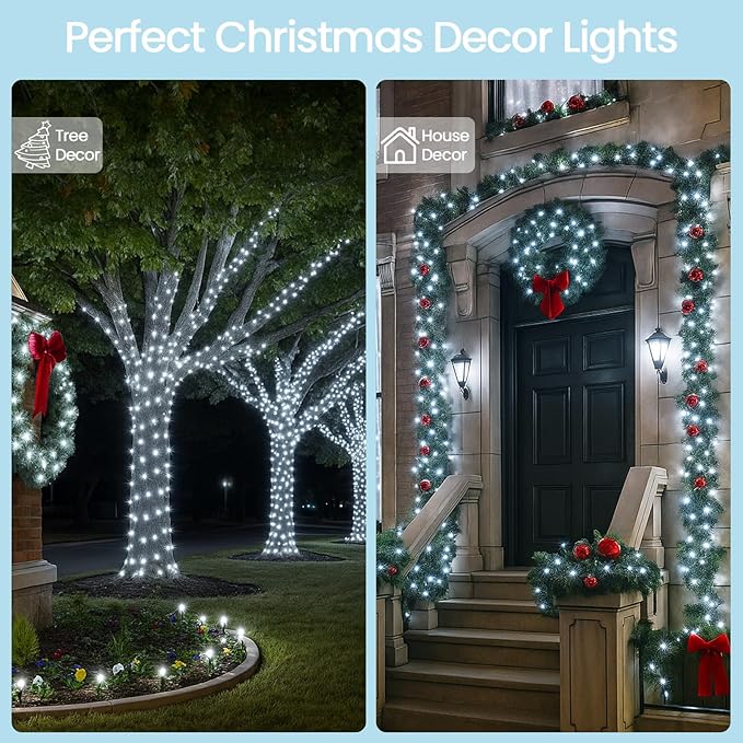 4 Pack 180FT Solar Christmas Lights Outdoor Waterproof, Super Bright 320 LED Solar String Lights with 8 Lighting Modes, Green Wire Twinkle Tree Light for Outside Xmas Party Decorations (Cool White)