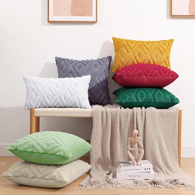 Pallene Christmas Red Throw Pillow Covers 24x24 Set of 2, Soft Plush Faux Fur Decorative Couch Pillow Covers for Sofa Bed Living Room Pillow Cases with 3D Diamond Pattern