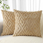 Pallene Light Khaki Throw Pillow Covers 16x16 Set of 2, Soft Plush Faux Fur Decorative Couch Pillow Covers for Sofa Bed Living Room Pillow Cases with 3D Diamond Pattern