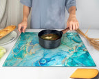 Glass Cutting Board 20”x16”: Tempered Glass Kitchen Counter Protector - Durable- Scratch-Resistant, Heat-Proof - Design 9 - Teal Ocean