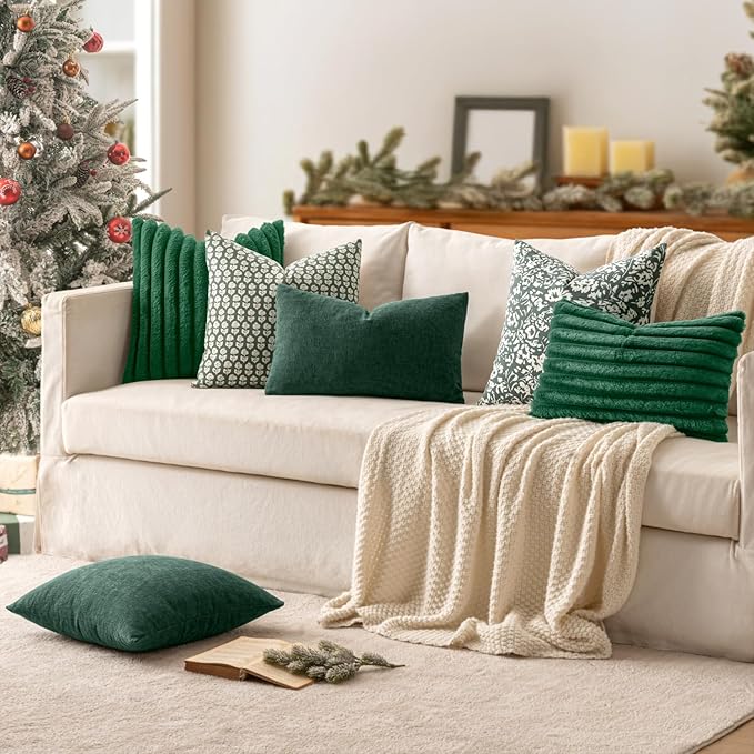 MIULEE Faux Fur Christmas Decorative Throw Pillow Covers 20x20 Inch Set of 2, Modern Spring Home Decor Soft Plush Couch Pillows Cozy Fluffy Cushion Covers for Sofa Bed Dark Green