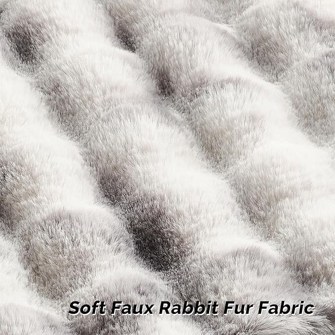 FUTEI Grey White Decorative Throw Pillow Covers 12x20 Inch Set of 2,Soft Fuzzy Faux Rabbit Fur Pillow Case with Raised Texture,Neutral Boho Home Decor for Couch Bed Living Room
