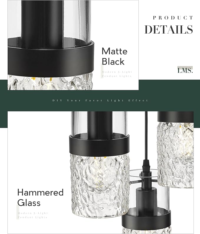 LMS Black 3-Light Pendant Fixtures, Adjustable Kitchen Hanging Light Fixture, Cluster Pendant Lights, LMS-188