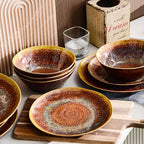 FINE&NICE Melamine Dinnerware Set of 12Pcs, Dish Set for 4, Lightweight Unbreakable Plate and Bowl Set for Patio, RV and Camping, Dishwasher Safe,Rusty Brown