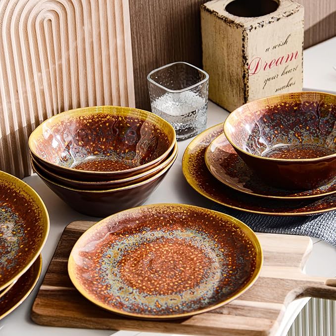 FINE&NICE Melamine Dinnerware Set of 12Pcs, Dish Set for 4, Lightweight Unbreakable Plate and Bowl Set for Patio, RV and Camping, Dishwasher Safe,Rusty Brown