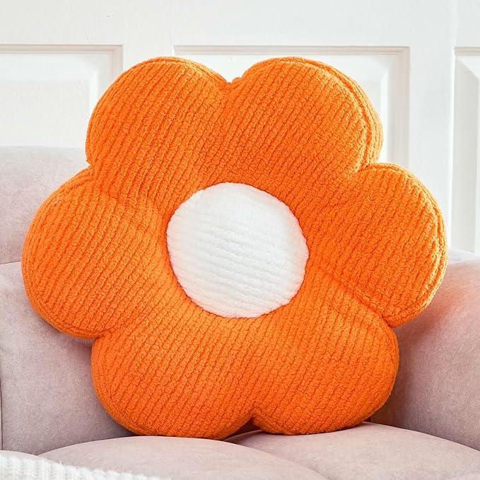 Flower Pillow, Cute Daisy Decorative Pillow for Bed, Soft Home Decor Floor Seating Cushion (Orange, 19.6 Inches)