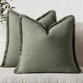 MIULEE Decorative Throw Pillow Covers Neutral Linen Fringe Throw Pillows Euro Shams Set of 2 Light Olive Green Boho Farmhouse Cushions for Couch Sofa Bed Living Room Spring Home Decor 24x24 Inch