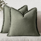 MIULEE Decorative Throw Pillow Covers Neutral Linen Fringe Throw Pillows Euro Shams Set of 2 Light Olive Green Boho Farmhouse Cushions for Couch Sofa Bed Living Room Spring Home Decor 24x24 Inch