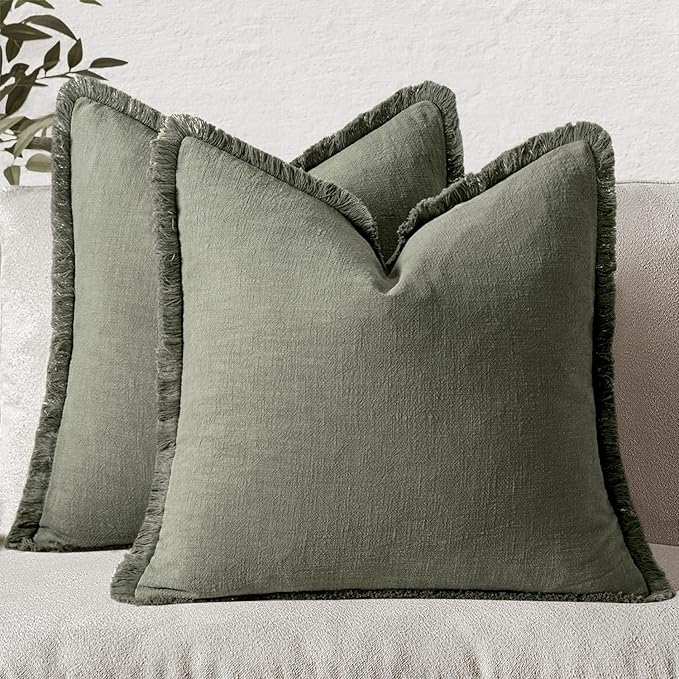 MIULEE Decorative Throw Pillow Covers Neutral Linen Fringe Throw Pillows Euro Shams Set of 2 Light Olive Green Boho Farmhouse Cushions for Couch Sofa Bed Living Room Spring Home Decor 24x24 Inch